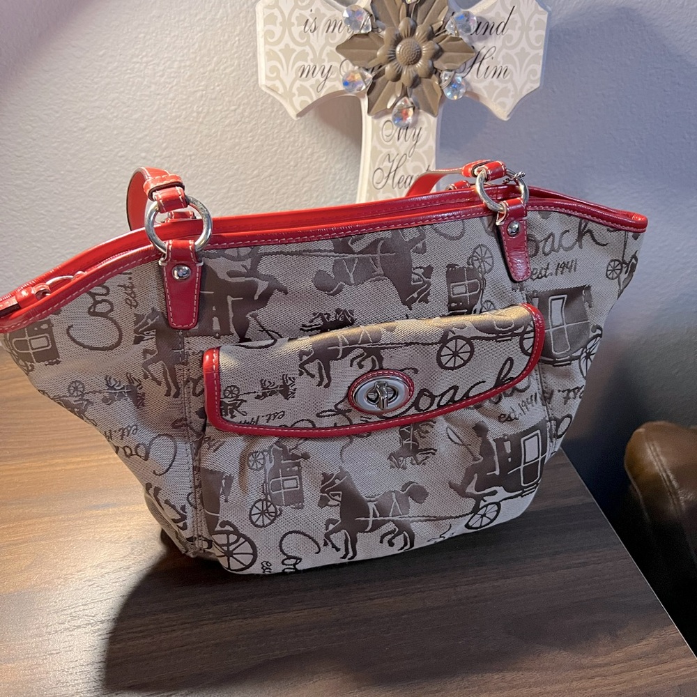 Coach Horse & Carriage Brown Fabric with Red trim Handbag Shoulder Bag